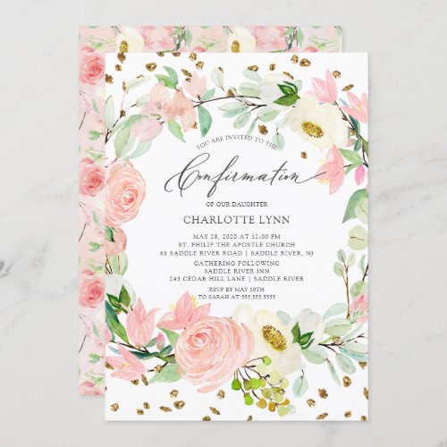 Elegant Blush Pink Floral Confirmation Invitation