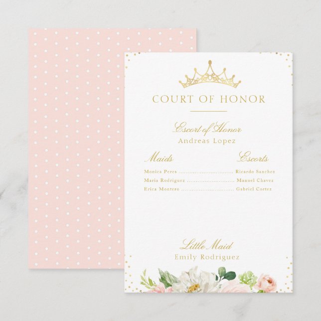 Elegant blush pink floral court of honor card (Front/Back)
