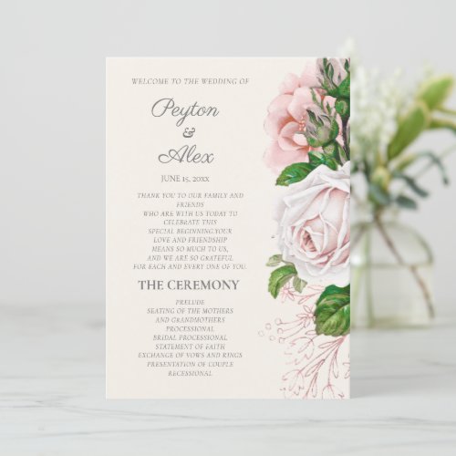 Elegant Blush Pink Floral Cream Wedding Program