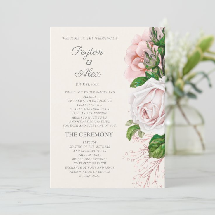 Elegant Blush Pink Floral Cream Wedding Program | Zazzle