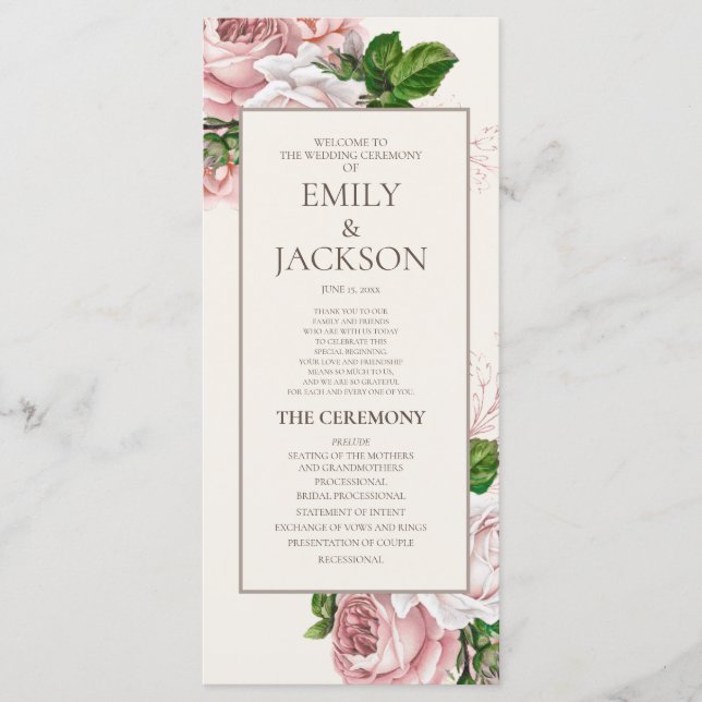 Elegant Blush Pink Floral Cream Wedding Program (Front)