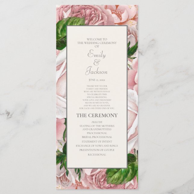 Elegant Blush Pink Floral Cream Wedding Program (Front)