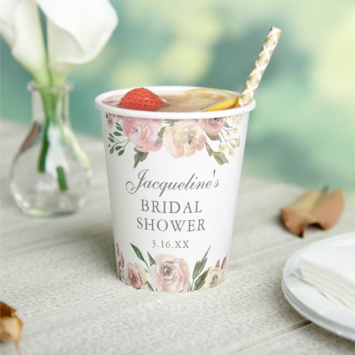Elegant Blush Pink Floral Custom Bridal Shower Paper Cups
