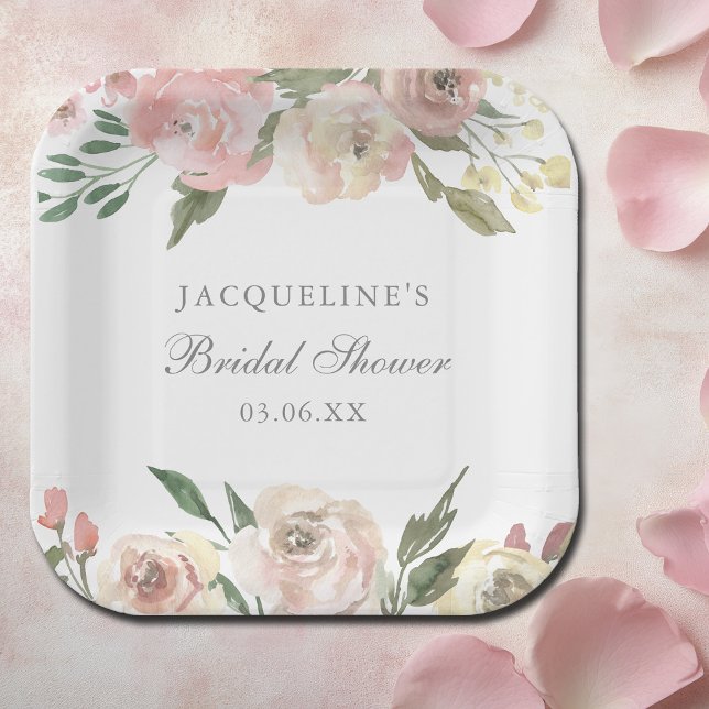Elegant Blush Pink Floral Custom Bridal Shower Paper Plates (Creator Uploaded)