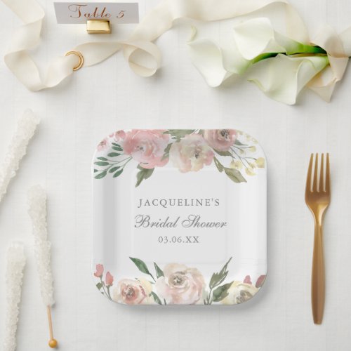 Elegant Blush Pink Floral Custom Bridal Shower Paper Plates