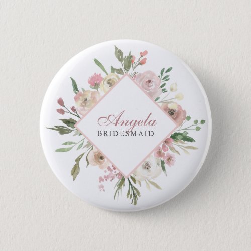 Elegant Blush Pink Floral Custom Bridesmaid Name Button