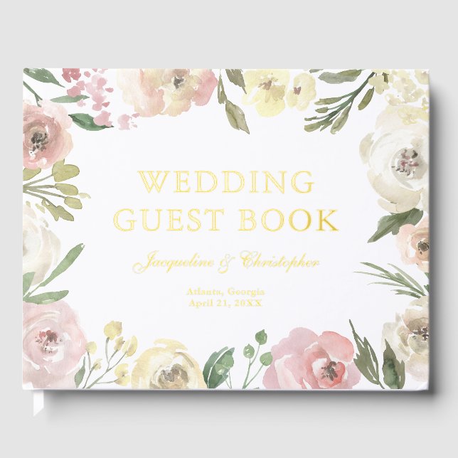 Elegant Blush Pink Floral Custom Gold Foil Wedding Foil Guest Book (Front)