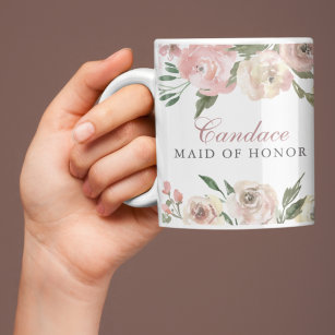 Elegant Blush Pink Floral Custom Maid of Honor Coffee Mug