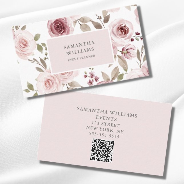 Elegant Blush Pink Floral Event Planner QR Code  Business Card (Creator Uploaded)