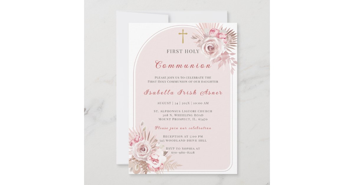 Elegant Blush Pink Floral First Holy Communion Invitation | Zazzle