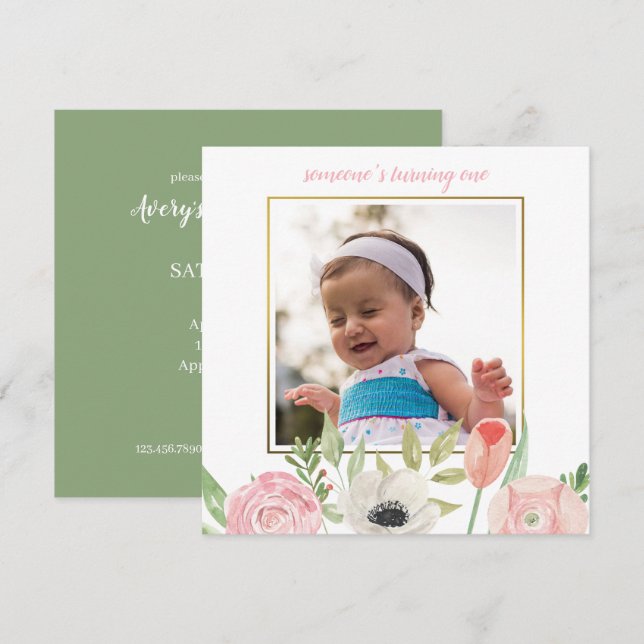Elegant Blush Pink Floral Frame Baby 1st Birthday Invitation (Front/Back)