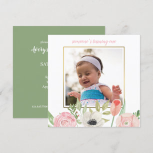 Elegant Blush Pink Floral Frame Baby 1st Birthday Invitation