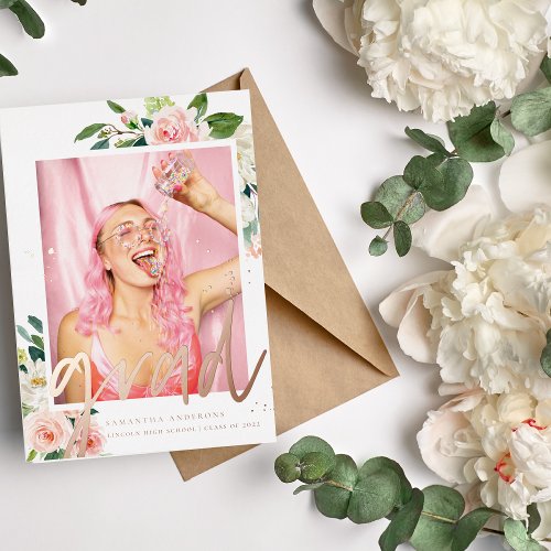Elegant Blush Pink Floral Frame Real Foil Grad Foil Invitation