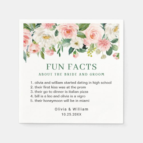Elegant Blush Pink Floral Fun Facts Wedding Napkins