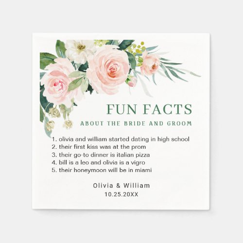 Elegant Blush Pink Floral Fun Facts Wedding Napkins