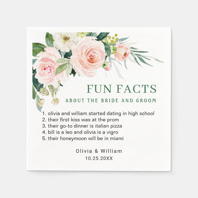 Elegant Blush Pink Floral Fun Facts Wedding Napkins (Front)