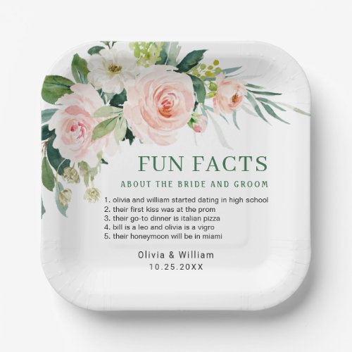 Elegant Blush Pink Floral Fun Facts Wedding Paper  Paper Plates