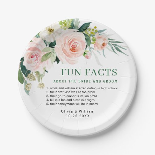 Elegant Blush Pink Floral Fun Facts Wedding Paper Plates