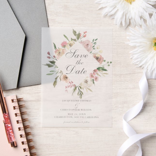 Elegant Blush Pink Floral Garden Save the Date Vellum Invitations (Wedding)