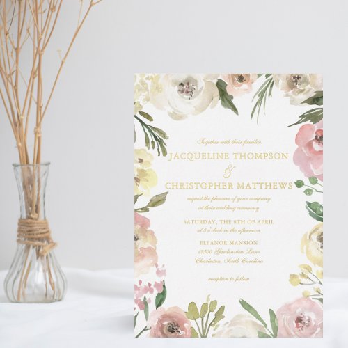 Elegant Blush Pink Floral Garden Wedding Gold Foil Invitation