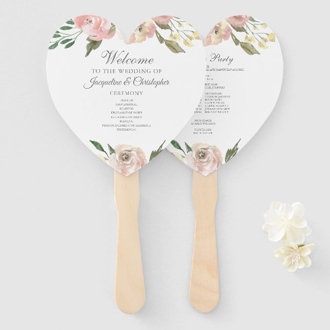Elegant Blush Pink Floral Garden Wedding Program Hand Fan (Front and Back)