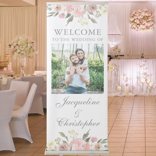 Elegant Blush Pink Floral Garden Wedding Welcome Retractable Banner