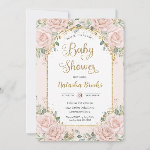 Elegant Blush Pink Floral Girl Baby Shower Invitation