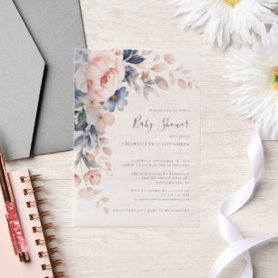 Elegant Blush Pink Floral Girl Baby Shower Vellum Invitations