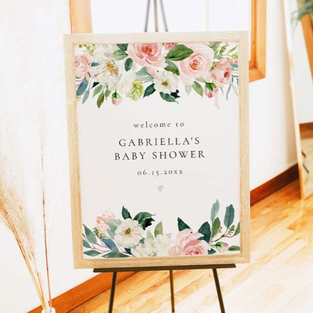 Elegant Blush Pink Floral Girl Baby Shower Welcome Poster (Creator Uploaded)