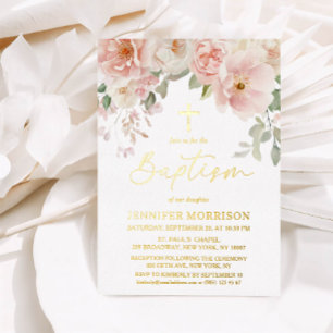 Elegant Blush Pink Floral Girl Baptism Gold Foil Invitation