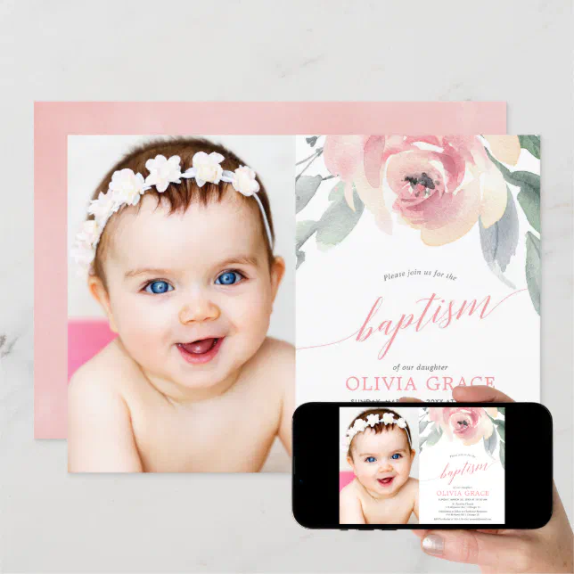 Elegant blush pink floral girl baptism photo invitation | Zazzle