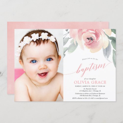 Elegant blush pink floral girl baptism photo invitation