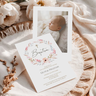 Elegant Blush Pink Floral Girl Baptism Photo Invitation