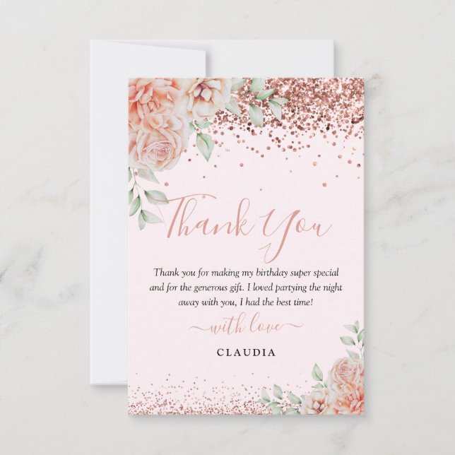 Elegant Blush Pink Floral Glitter Birthday Thank You Card (Front)