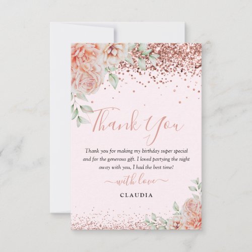 Elegant Blush Pink Floral Glitter Birthday Thank You Card