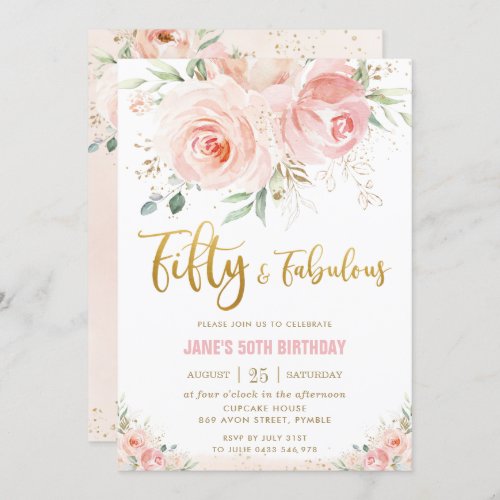 Elegant Blush Pink Floral Gold 50 and Fabulous Invitation