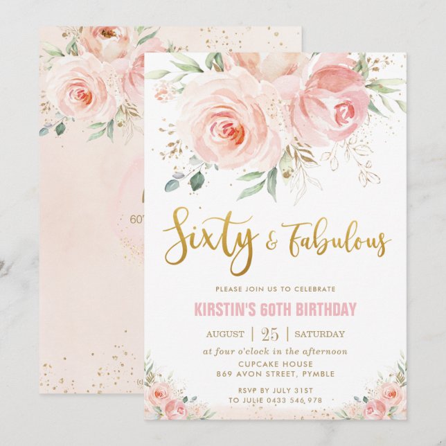 Elegant Blush Pink Floral Gold 60 and Fabulous Invitation (Front/Back)