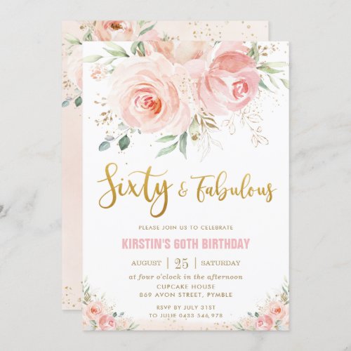 Elegant Blush Pink Floral Gold 60 and Fabulous Invitation