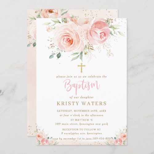 Elegant Blush Pink Floral Gold Baptism Invitation
