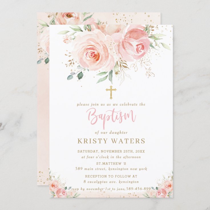 Elegant Blush Pink Floral Gold Baptism Invitation | Zazzle