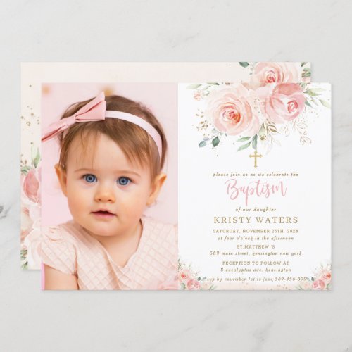 Elegant Blush Pink Floral Gold Baptism Photo Invitation