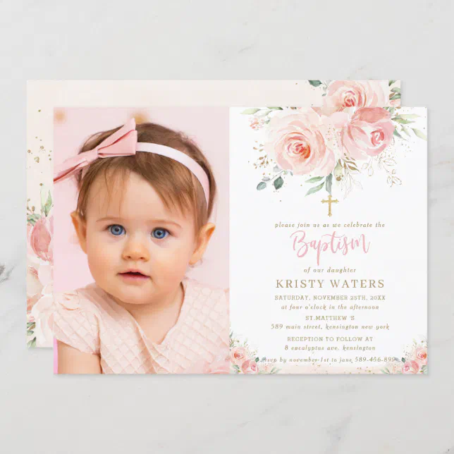 Elegant Blush Pink Floral Gold Baptism Photo Invitation | Zazzle