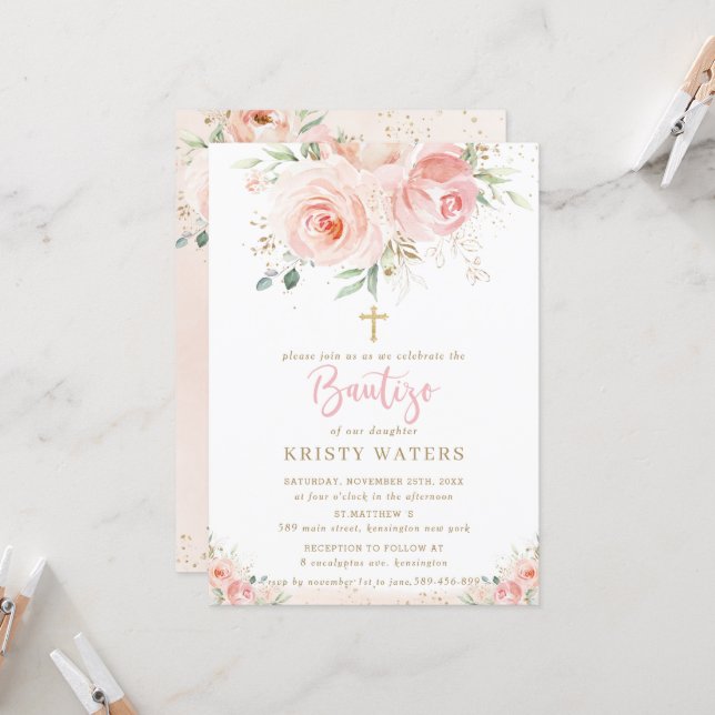 Elegant Blush Pink Floral Gold Bautizo Spanish Invitation