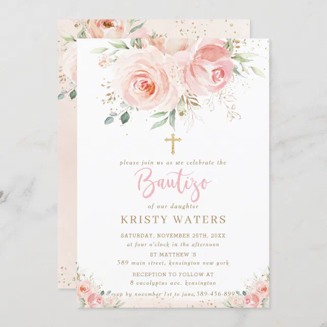 Elegant Blush Pink Floral Gold Bautizo Spanish Invitation