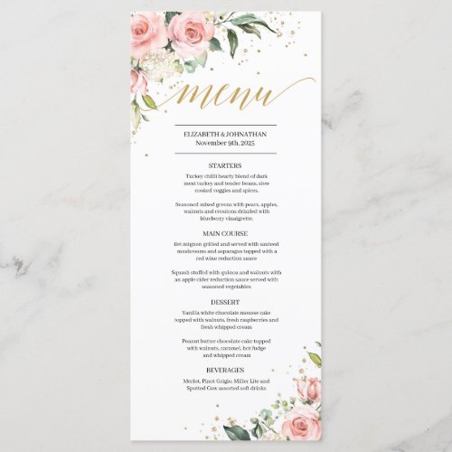 Elegant blush pink floral gold boho wedding menu