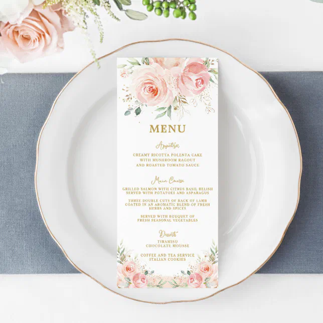 Elegant Blush Pink Floral Gold Bridal Shower Menu | Zazzle