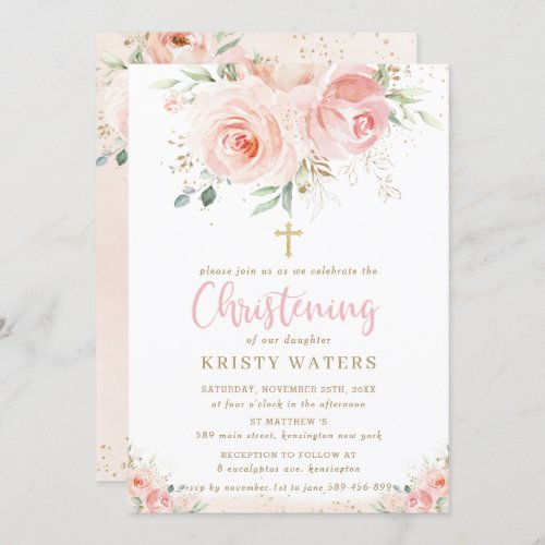 Elegant Blush Pink Floral Gold Christening Invitation