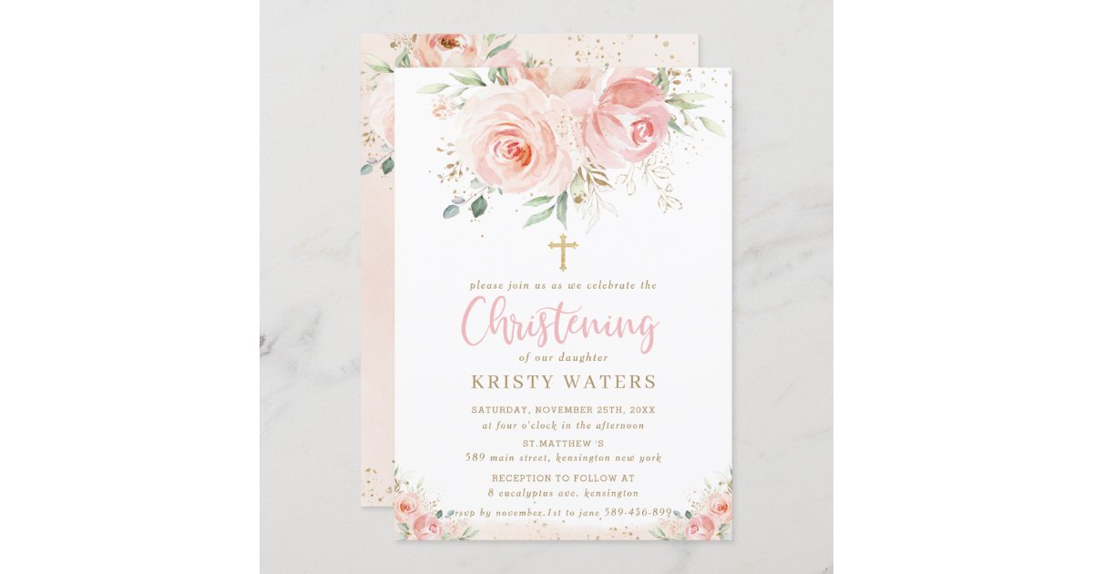 Elegant Blush Pink Floral Gold Christening Invitation | Zazzle