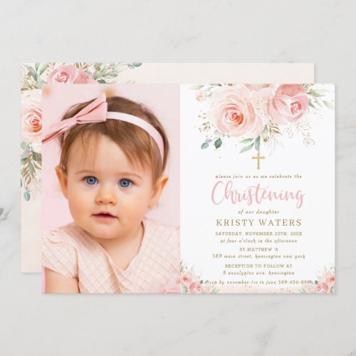 Elegant Blush Pink Floral Gold Christening Photo Invitation