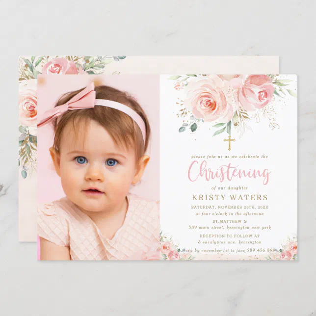 Elegant Blush Pink Floral Gold Christening Photo Invitation | Zazzle